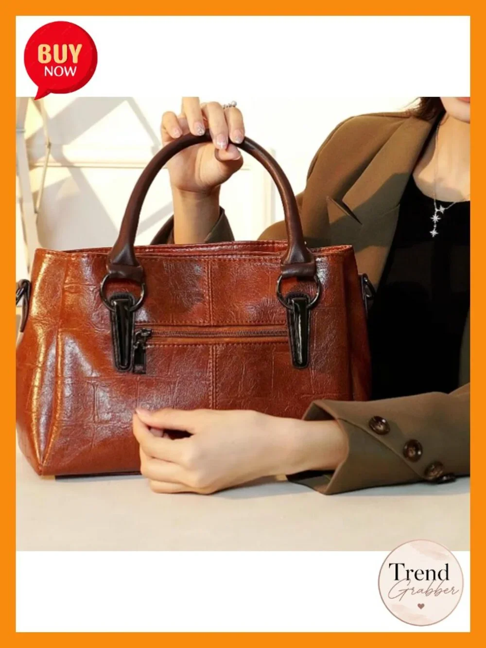 Vegan Leather Satchel Handbag with Multiple Pockets and Compartments